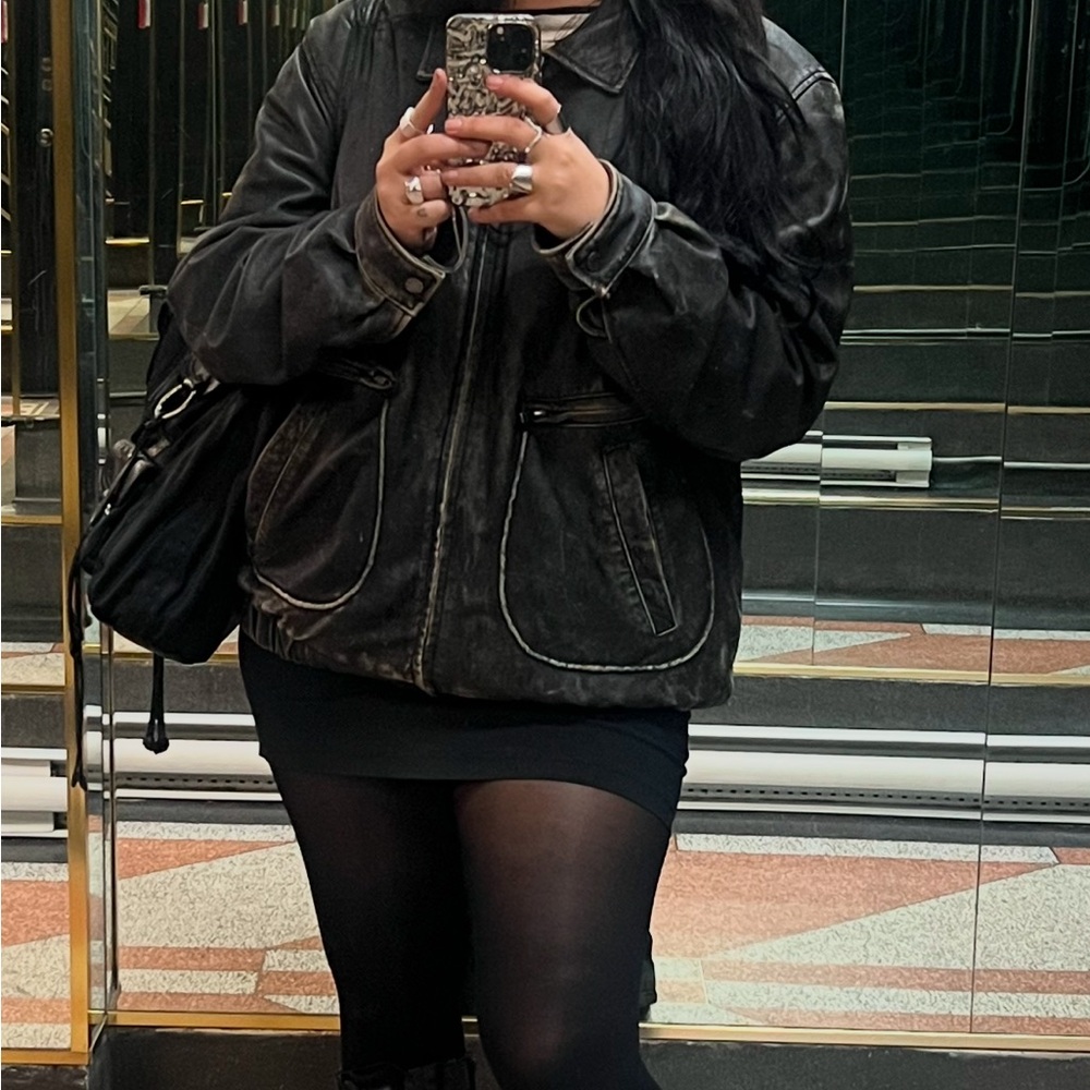 Distressed Black/Grey Leather Bomber Jacket